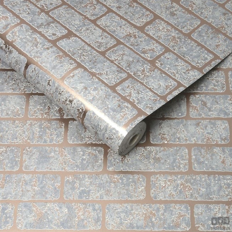 Szara tapeta z efektem cegieł i pozłacanymi liniami