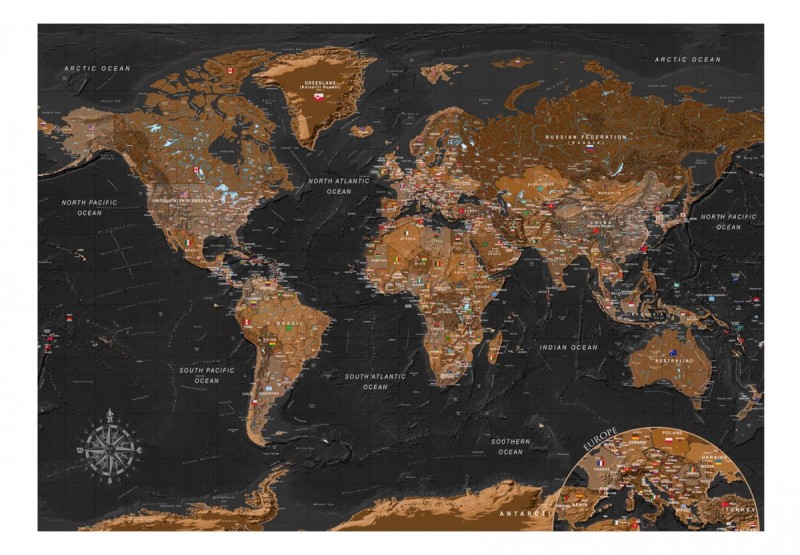Fototapeta - Czarno-brązowa stylowa mapa świata z flagami