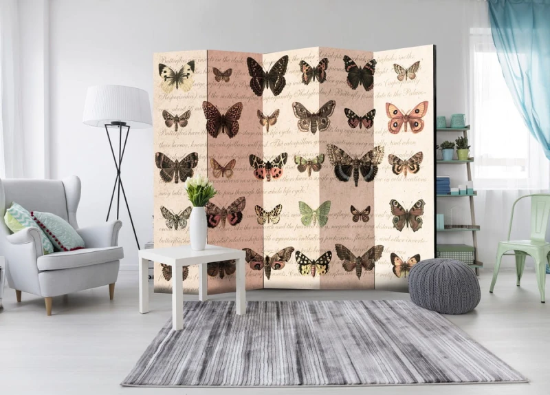 Parawan 5-częściowy - Styl retro: Motyle II [Room Dividers]
