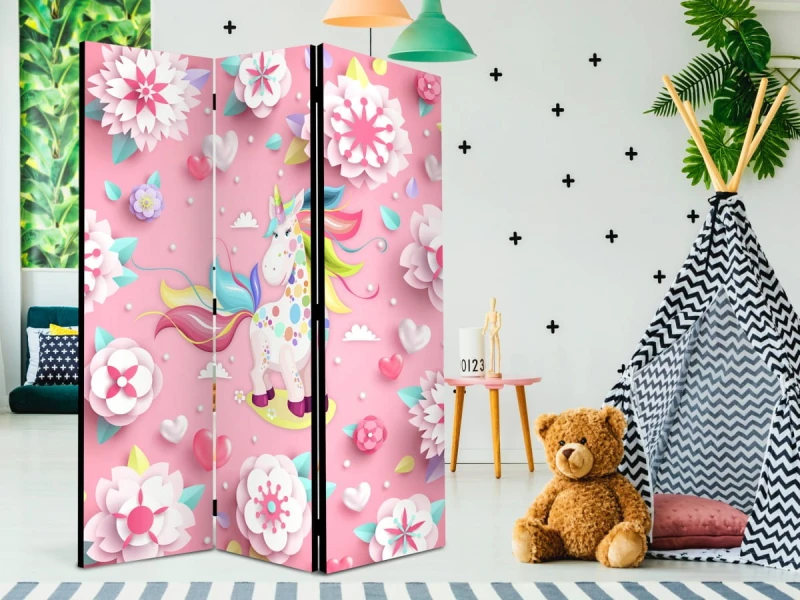 Parawan 3-częściowy - Jednorożec w kwietniku [Room Dividers]